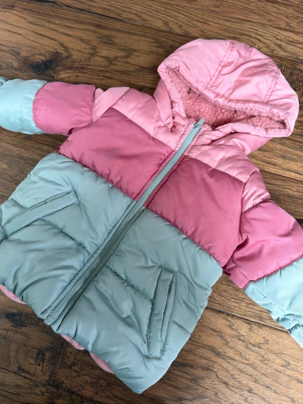 Toddler Two-Tone Pink and Light Green Puffer Jacket with Matching Snow Bibs
